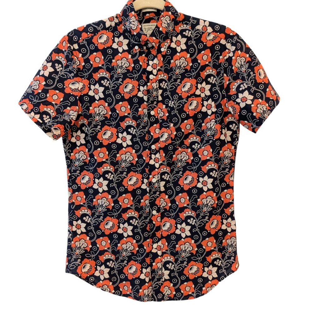 J Crew Mens Size XS Slub Cotton Red Floral Print Short Sleeve Classic Fit Shirt